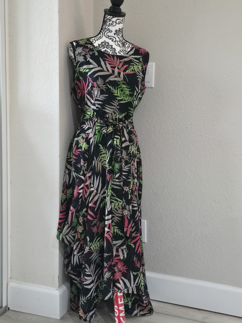 Studio West Black Maxi Dress with Pink and Green Tropical Leaves